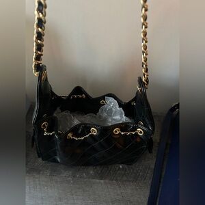 Quilted Black & Gold Chain Shoulder Bag – Drawstring + CC Charm